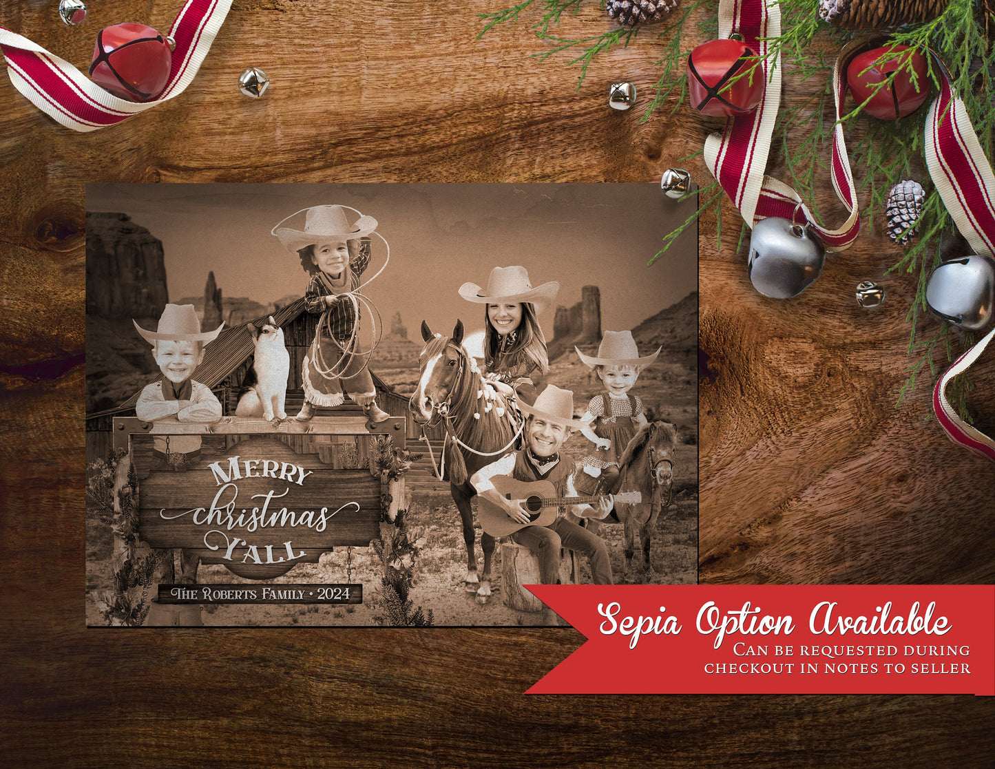 Funny Wild West Christmas Photo Card – Personalized Cowboy Family Holiday Card with Horses, Sepia Design & Envelopes