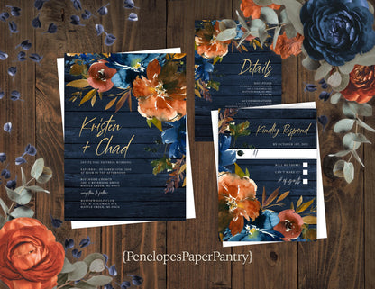 Fall Floral Wedding Invitation – Navy Barn Wood, Burnt Orange & Turquoise – Personalized Shimmery Printed Invite with Envelopes Included