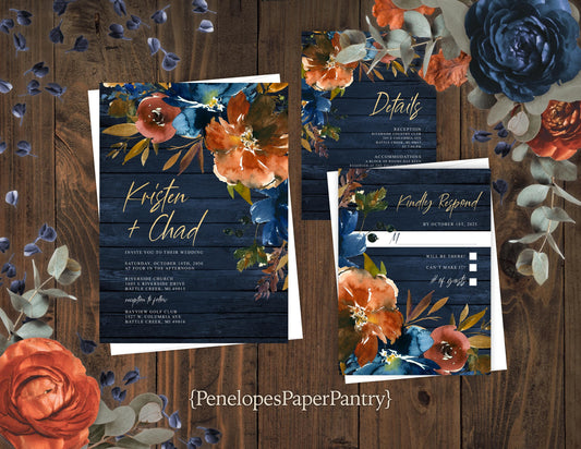 Fall Floral Wedding Invitation – Navy Barn Wood, Burnt Orange & Turquoise – Personalized Shimmery Printed Invite with Envelopes Included
