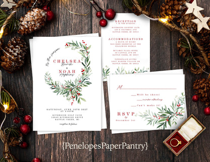 Pine and Holly Floral Wreath Winter Wedding Invitation, Set, or Suite