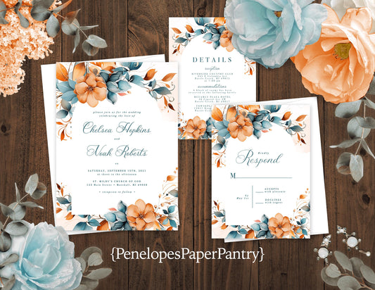 Elegant Floral Fall Wedding Invitation – Personalized Teal & Orange Design with Calligraphy – Printed Invitations with Envelopes & Optional RSVP Card