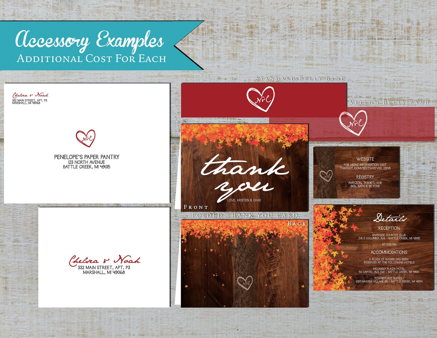 Oak Tree with Orange Leaves with Brown Background Fall Wedding Invitation, Set, or Suite