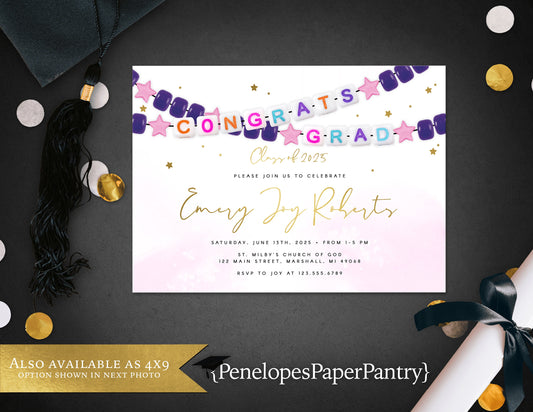 Purple and Pink Friendship Bracelet Graduation Open House or Ceremony Invitation