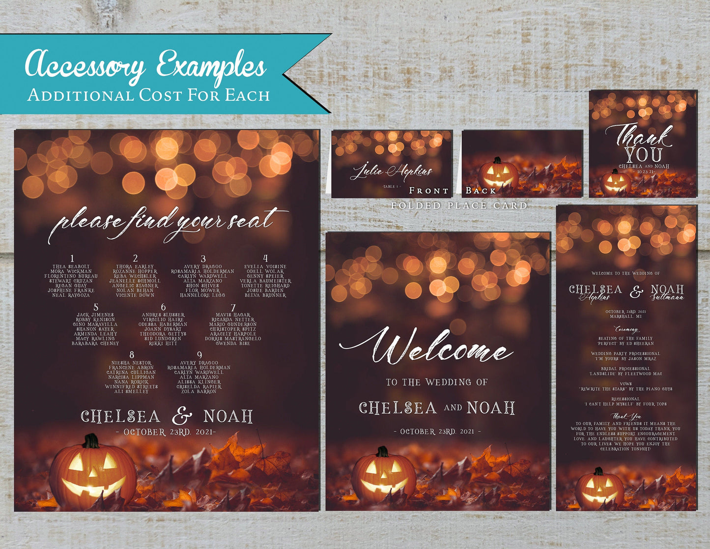 Romantic Halloween Fall Wedding Invitation – Burnt Orange Bubble Lights, Jack-o’-Lantern & Autumn Leaves – Personalized Shimmery Printed Invitations
