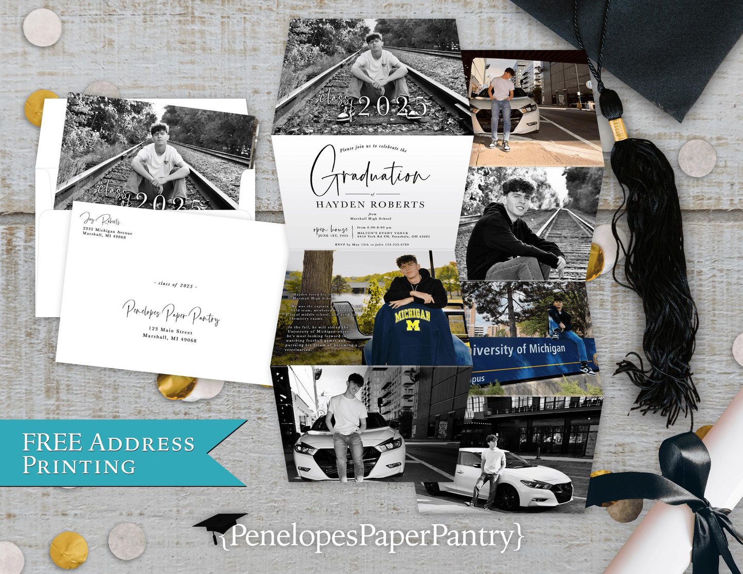 Unique Trifold Graduation Announcement Party Invitation Personalized Multiple Photos Custom Text Accordion Fold Printed Invitation Envelopes
