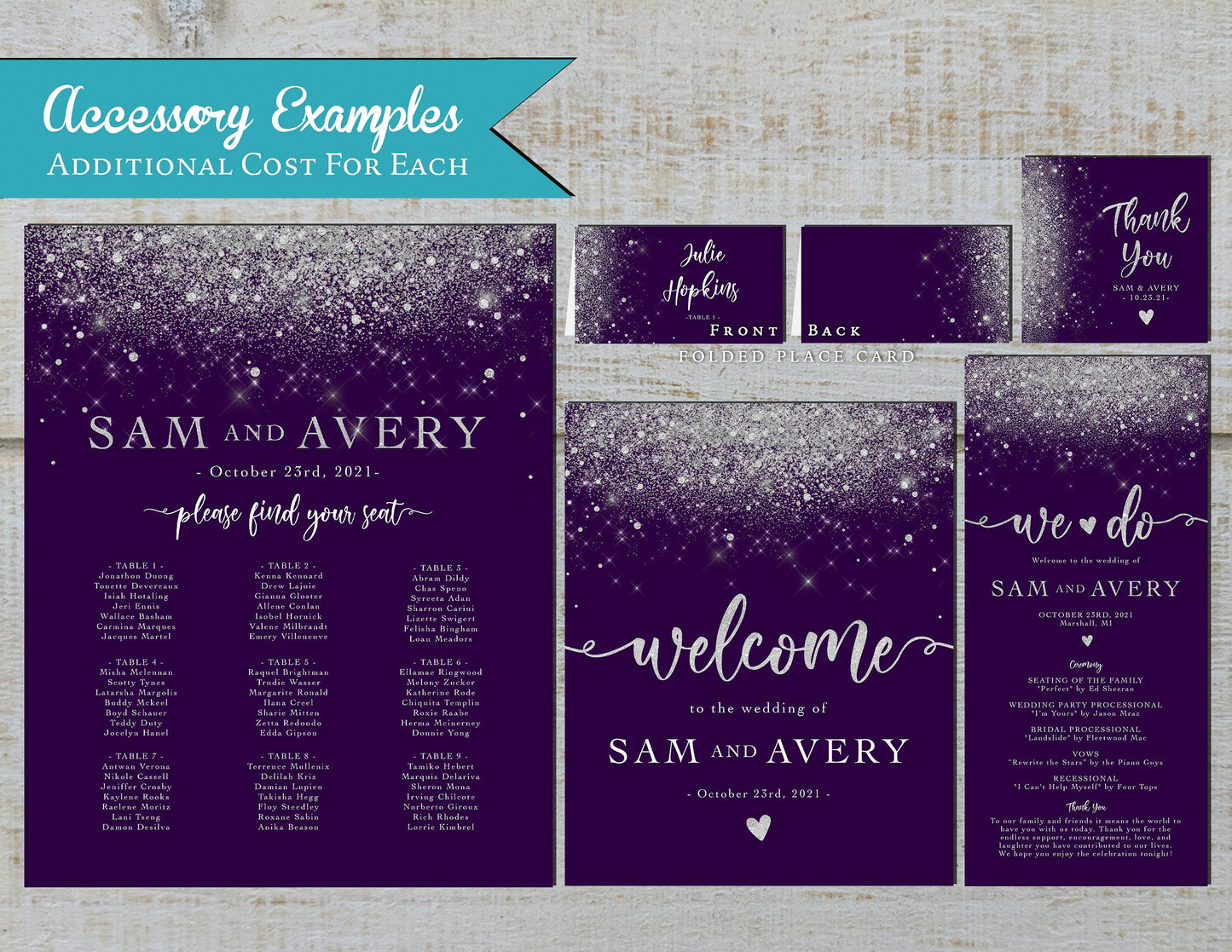 Faux Silver Glitter with Purple Background Traditional Wedding Invitation, Sets, or Suite