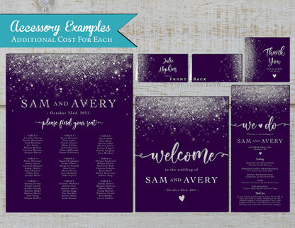 Faux Silver Glitter with Purple Background Traditional Wedding Invitation, Sets, or Suite