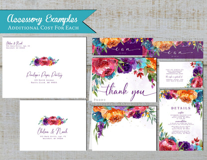 Elegant Bright Floral Summer Wedding Invitation Personalized Purple Orange Turquoise Hot Pink Printed Invitations Envelopes Included Unique