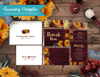 Rustic Sunflower Fall Wedding Invitation – Barn Wood, Burgundy Roses & Gold Calligraphy – Personalized Shimmery Printed Invitations with Envelopes