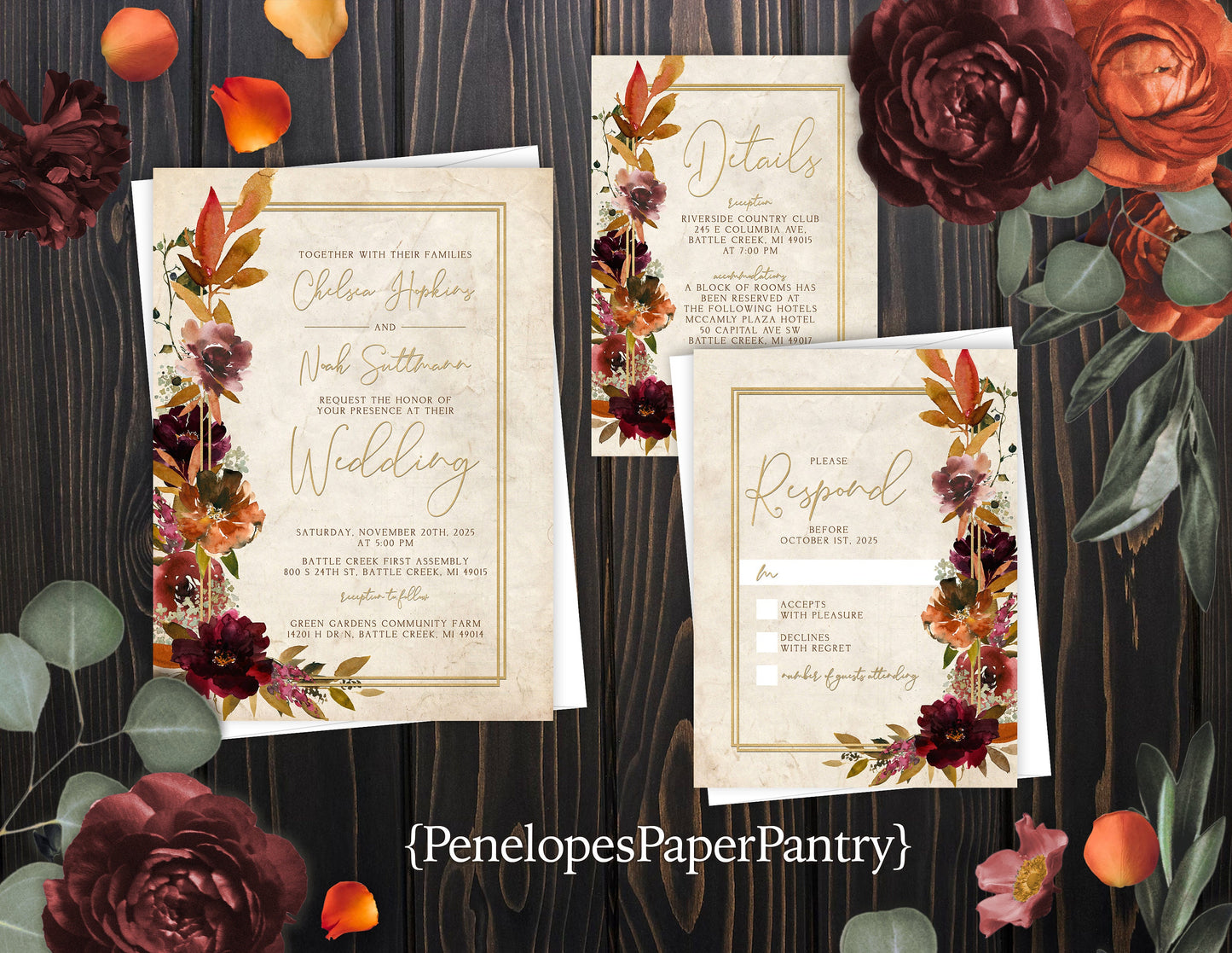 Burgundy, Burnt Orange, Terracotta Florals on Faux Parchment Fall Wedding Invitation, Set, or Suite