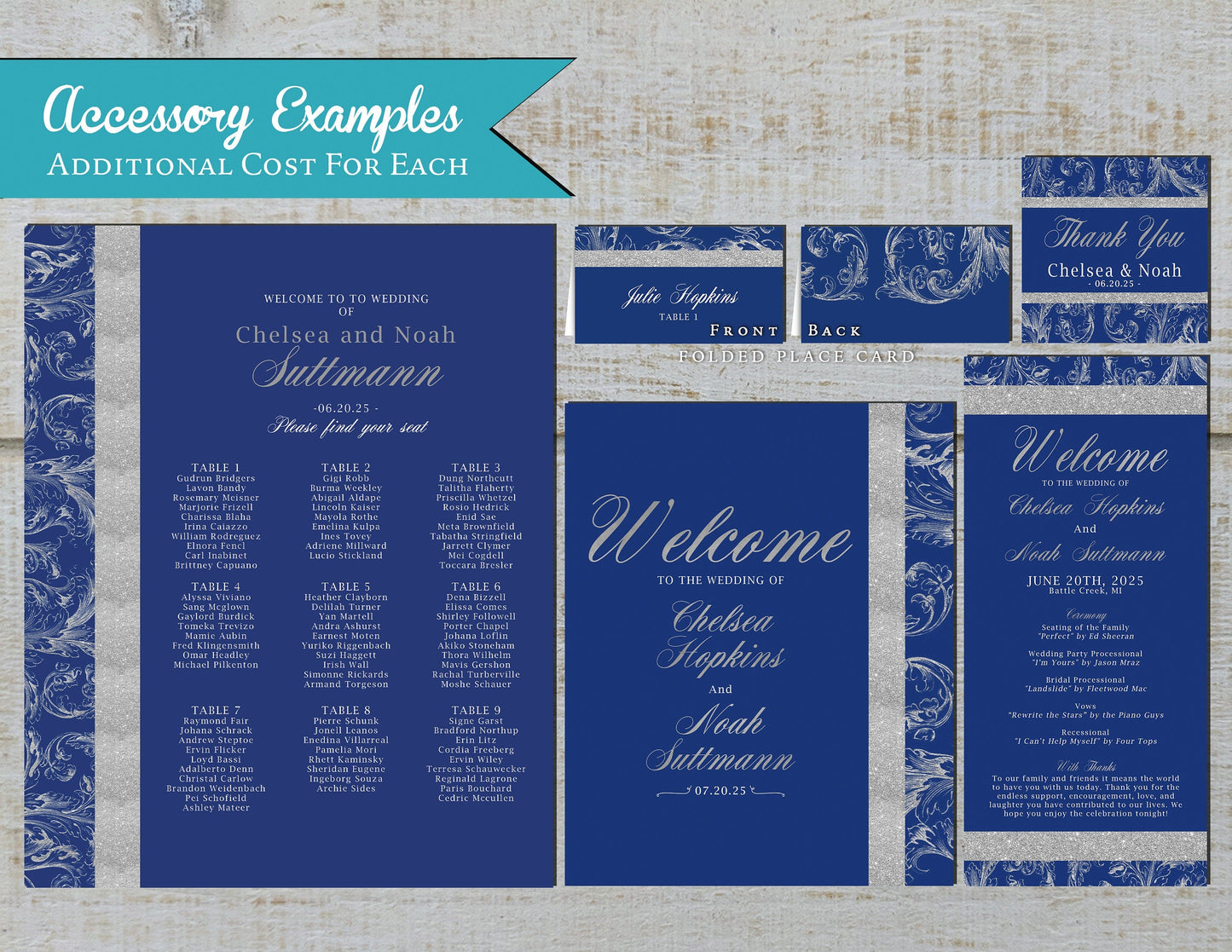 Royal Blue with Faux Silver Glitter Border and Lace Traditional Wedding Invitation, Sets, or Suite