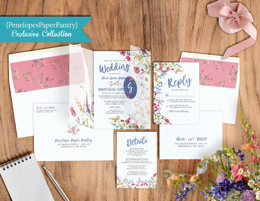 9 Piece Wildflower Florals with Pastel Accents Wedding Bundle with Address Printing