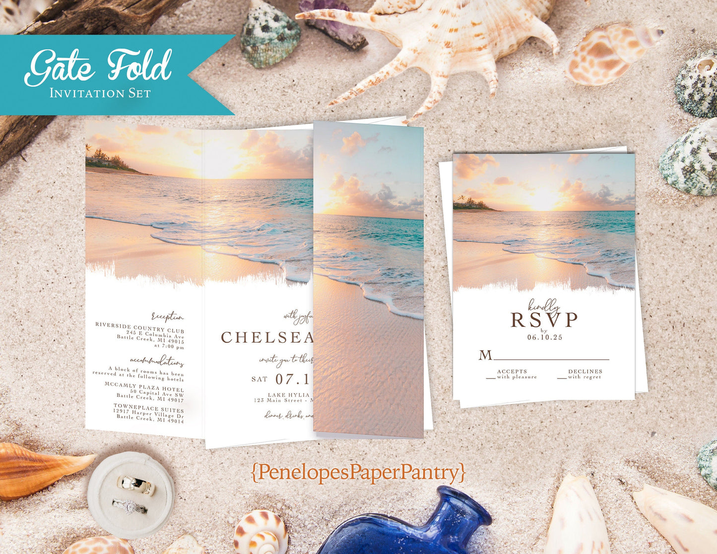 Gatefold Daytime Beach Heart in Sand Folded Wedding Invitation, Set, or Suite