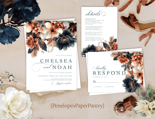 Elegant Fall Wedding Invitation – Burnt Orange, Teal & Terracotta – Simple Floral Printed Invite with Envelope
