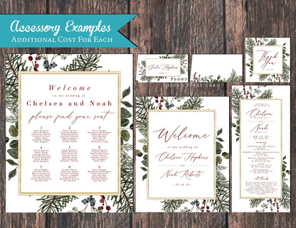 Elegant Winter Wedding Invitation – Green, Red & Gold Shimmery Calligraphy, Custom Text Printed with Envelopes Included