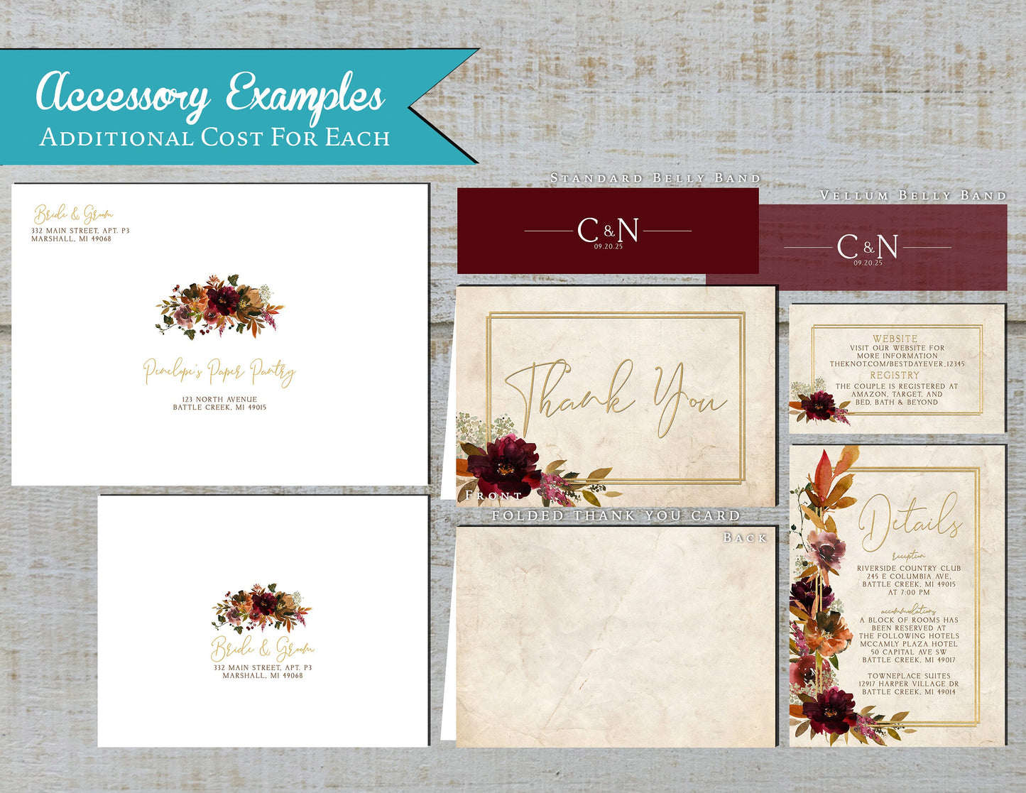 Burgundy, Burnt Orange, Terracotta Florals on Faux Parchment Fall Wedding Invitation, Set, or Suite