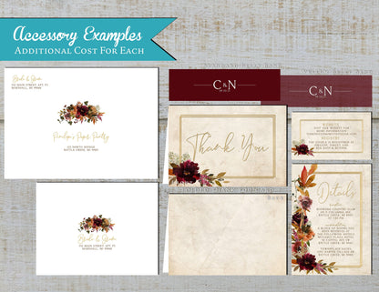 Rustic Fall Wedding Invitation – Terracotta, Burnt Orange & Gold Print – Floral Parchment Design Personalized Printed Invitations with Envelopes Included