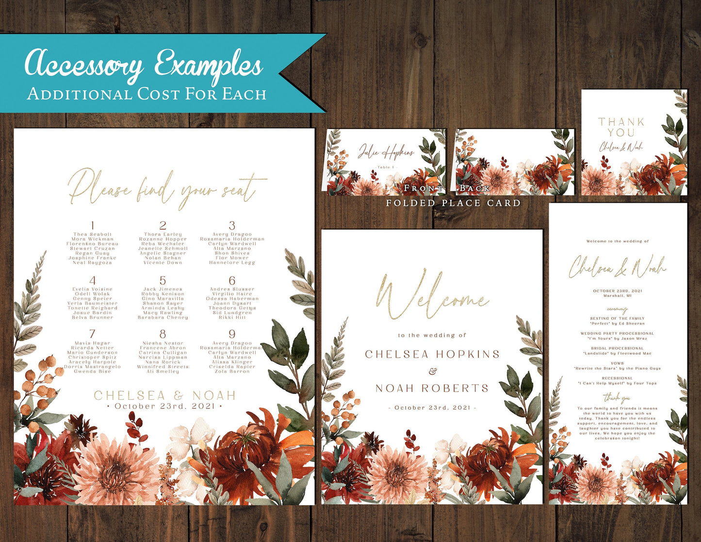 Romantic Fall Wedding Invitation – Terracotta & Burnt Orange Florals, Calligraphy – Personalized Printed Invitations with Envelopes Included