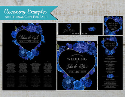 Royal Blue Floral Heart Wreath on Black Background Rose Wedding Invitation, Set, or Suite