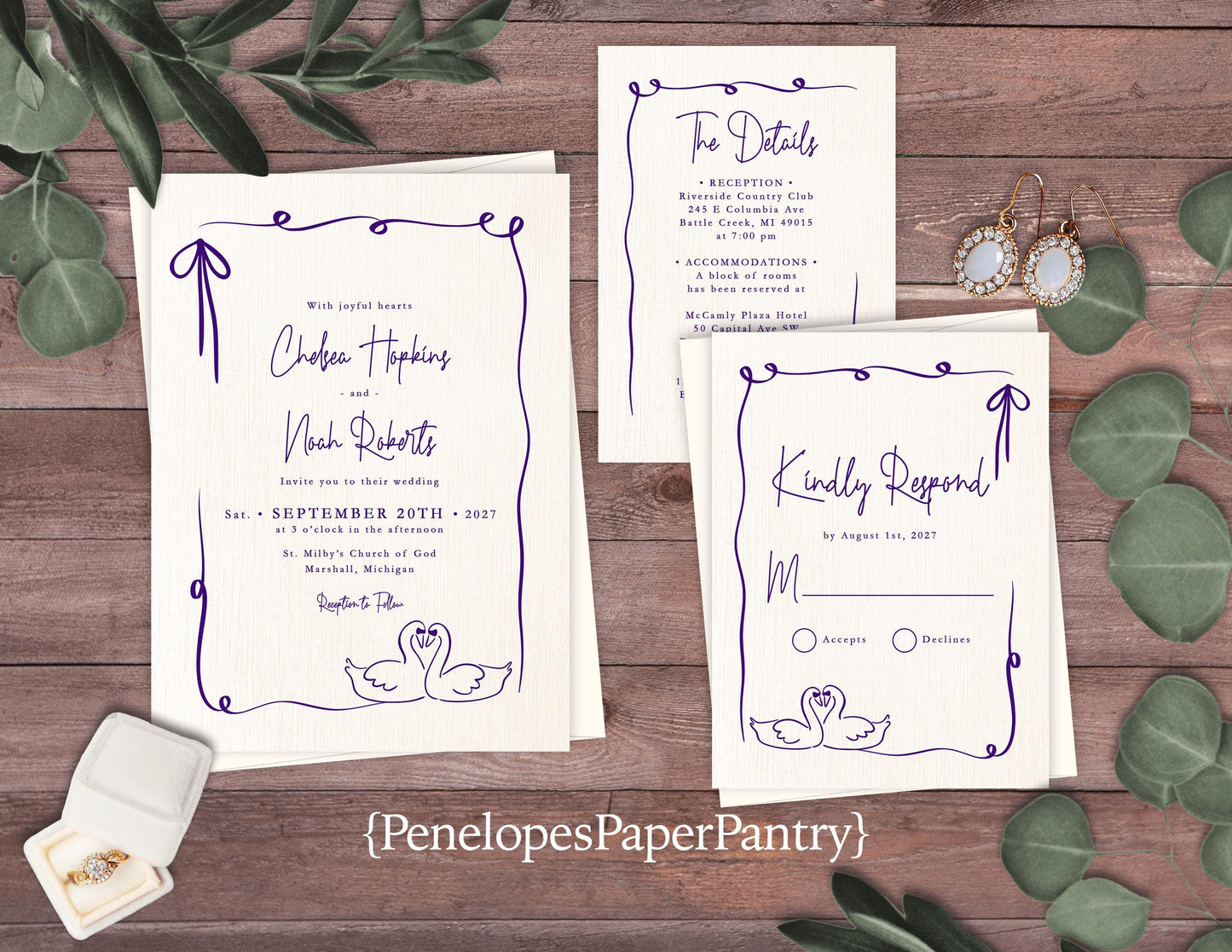 Whimsical Summer Wedding Invitation Personalized Swans Purple Ivory Linen Custom Text Printed Invitations Envelopes Included Unique Romantic