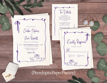 Whimsical Summer Wedding Invitation Personalized Swans Purple Ivory Linen Custom Text Printed Invitations Envelopes Included Unique Romantic