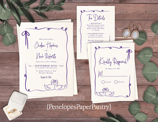 Whimsical Summer Wedding Invitation Personalized Swans Purple Ivory Linen Custom Text Printed Invitations Envelopes Included Unique Romantic