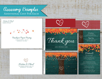 Oak Tree with Orange Leaves on Teal Wood Background Fall Wedding Invitation, Set, or Suite