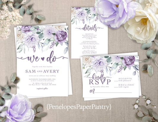 Elegant Lavender Floral Summer Wedding Invitation Personalized Summer Lavender Roses Sage Calligraphy Printed Invitations Envelopes Included