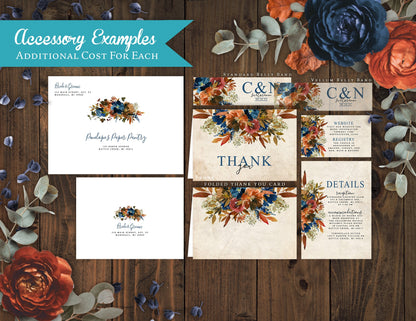 Rustic Fall Wedding Invitation – Turquoise & Burnt Orange Florals, Parchment Background – Personalized Printed Invitations with Envelopes & Optional RSVP