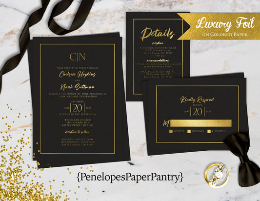 Luxury Gold Foil on Black Paper Traditional Wedding Invitation, Sets, or Suite