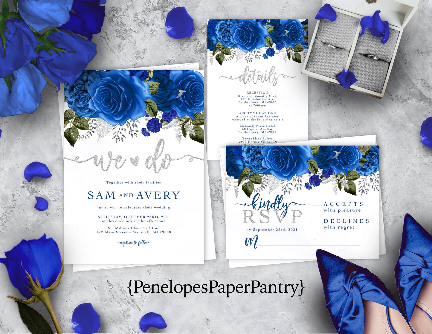 Royal Blue Florals with White Background Rose Wedding Invitation, Set, or Suite