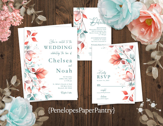 Romantic Floral Summer Wedding Invitation Personalized Teal Coral Calligraphy Printed Invitations Envelopes Included Optional RSVP Cards