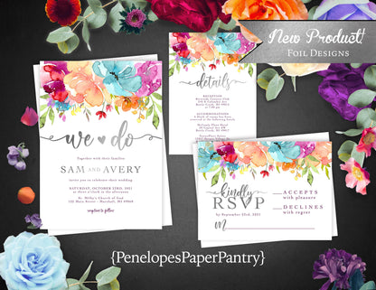 Bright Florals on White Background with Foil Accents Summer Wedding Invitation, Set, or Suite