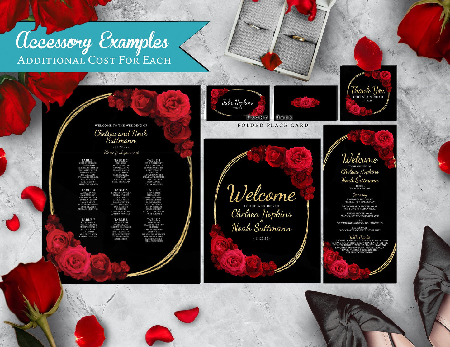 Red Florals with Oval Frame and Black Background Rose Wedding Invitation, Set, or Suite