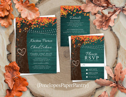 Rustic Teal Fall Wedding Invitation – Oak Tree, Burnt Orange Leaves & Barn Lights – Personalized Printed Invitations with Envelopes Included