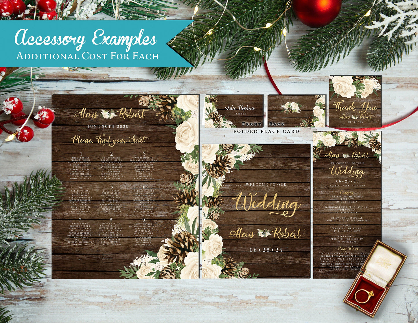 Rustic Winter Wedding Invitation Personalized Barn Wood Ivory Roses Pine Cones Gold Calligraphy Printed Invitation With Envelope Custom Text