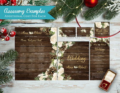 Rustic Winter Wedding Invitation Personalized Barn Wood Ivory Roses Pine Cones Gold Calligraphy Printed Invitation With Envelope Custom Text