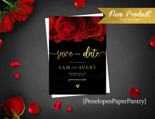 Red Rose Florals with Gold Foil Accents on a Black BackgroundSave the Date