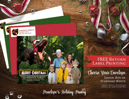 Funny Jurassic World Christmas Family Photo Card Personalized Dinosaurs TRex Dr Grant Printed Cards Envelopes Included Return Address Labels