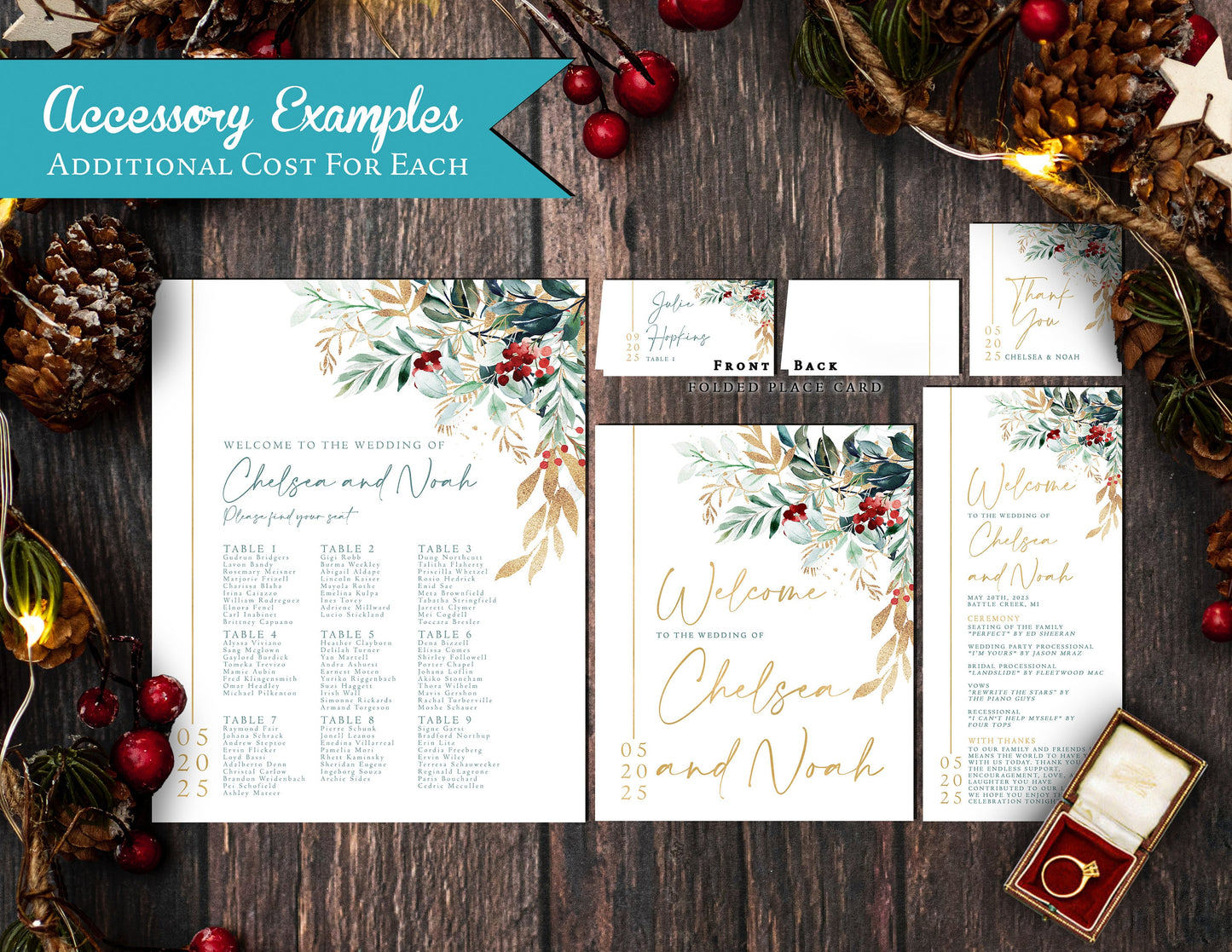 Sophisticated Winter Wedding Invitation – Green, Red & Gold Calligraphy, Shimmery Custom Text, Printed with Envelopes Included