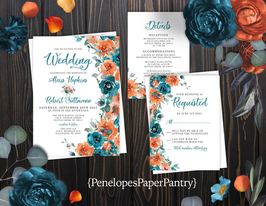 Turquoise and Orange Florals on White Background Fall Wedding Invitation, Set, or Suite