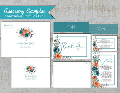 Teal and Burnt Orange Floral with simple Frame on White Background Fall Wedding Invitation, Set, or Suite