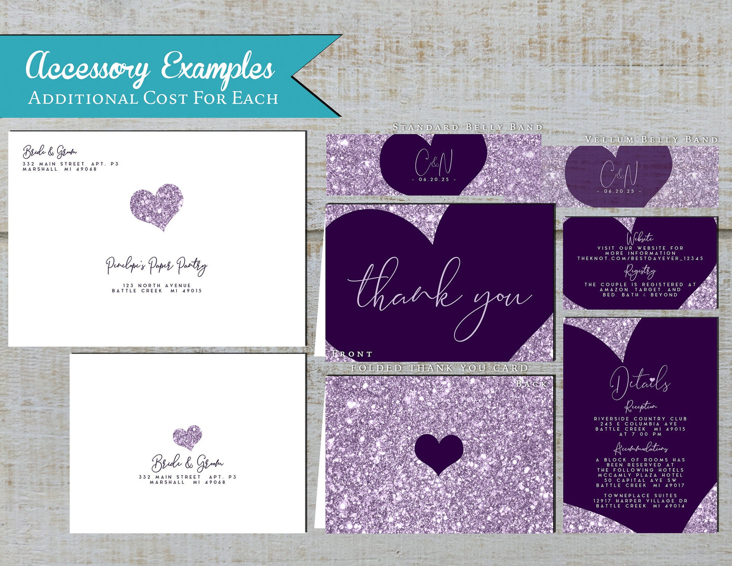 Purple Heart with Faux Light Purple Glitter Traditional Wedding Invitation, Sets, or Suite