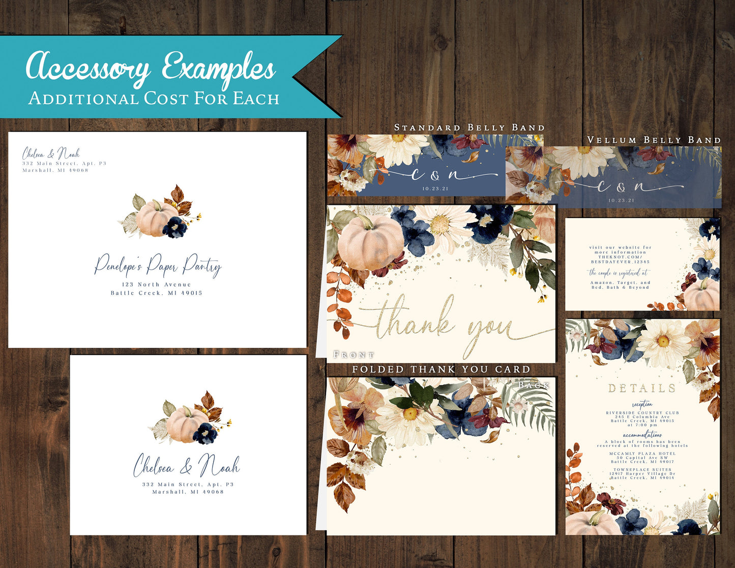 Blue and Ivory Florals on Cream Background Fall Wedding Invitation, Set, or Suite