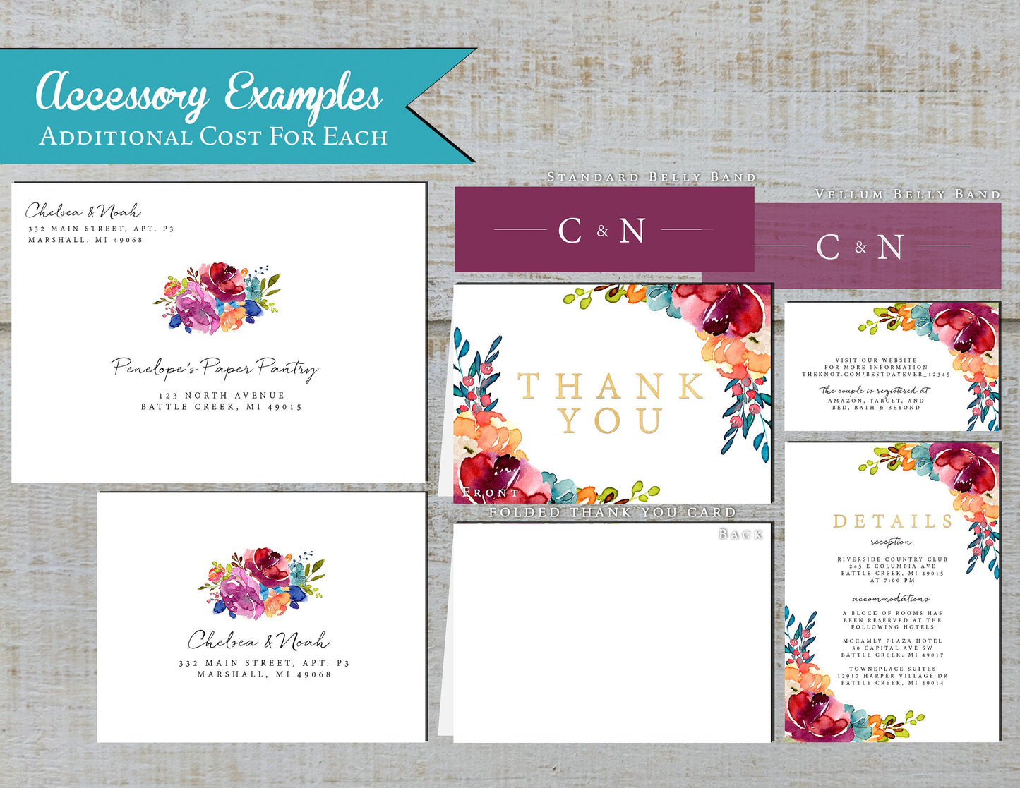 Elegant Bright Floral Summer Wedding Invitation Personalized Hot Colors Gold Print Shimmery Printed Invitations Envelopes Included Unique