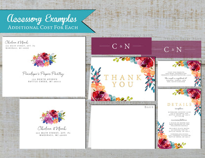 Elegant Bright Floral Summer Wedding Invitation Personalized Hot Colors Gold Print Shimmery Printed Invitations Envelopes Included Unique