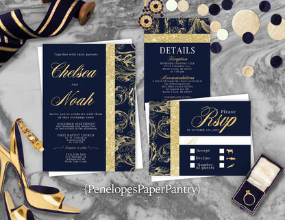 Faux Gold Glitter Lace and Border with Blue Background Traditional Wedding Invitation, Sets, or Suite