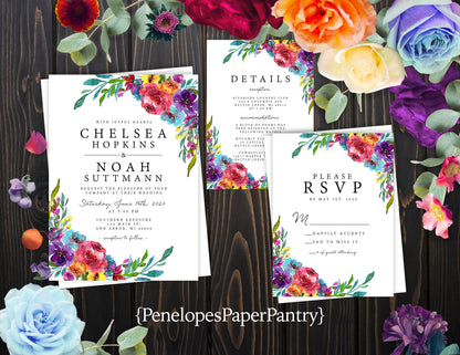 Elegant Bright Floral Summer Wedding Invitation,Bright Floral Summer Wedding Invite,Vibrant Colors,Pink,Aqua,Purple,Shimmery Invitation