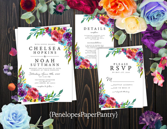 Elegant Bright Floral Summer Wedding Invitation,Bright Floral Summer Wedding Invite,Vibrant Colors,Pink,Aqua,Purple,Shimmery Invitation