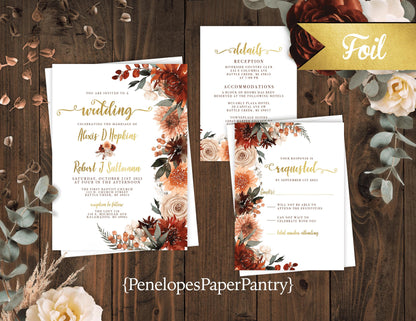 Terracotta and Burnt Orange Florals on White Background Fall Wedding Invitation, Set, or Suite